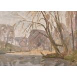 John Brown 20th century, A tree lined pond, oil on panel, signed with initials 10" x 14".
