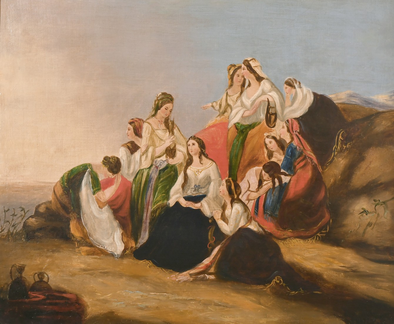 Late 19th century, A scene of female figures gathered on a rocky hillside, oil on canvas, 20" x