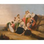 Late 19th century, A scene of female figures gathered on a rocky hillside, oil on canvas, 20" x