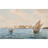 Galea circa. 1967 (Maltese) Fort St. Elmo with traditional boats in the foreground, Malta,
