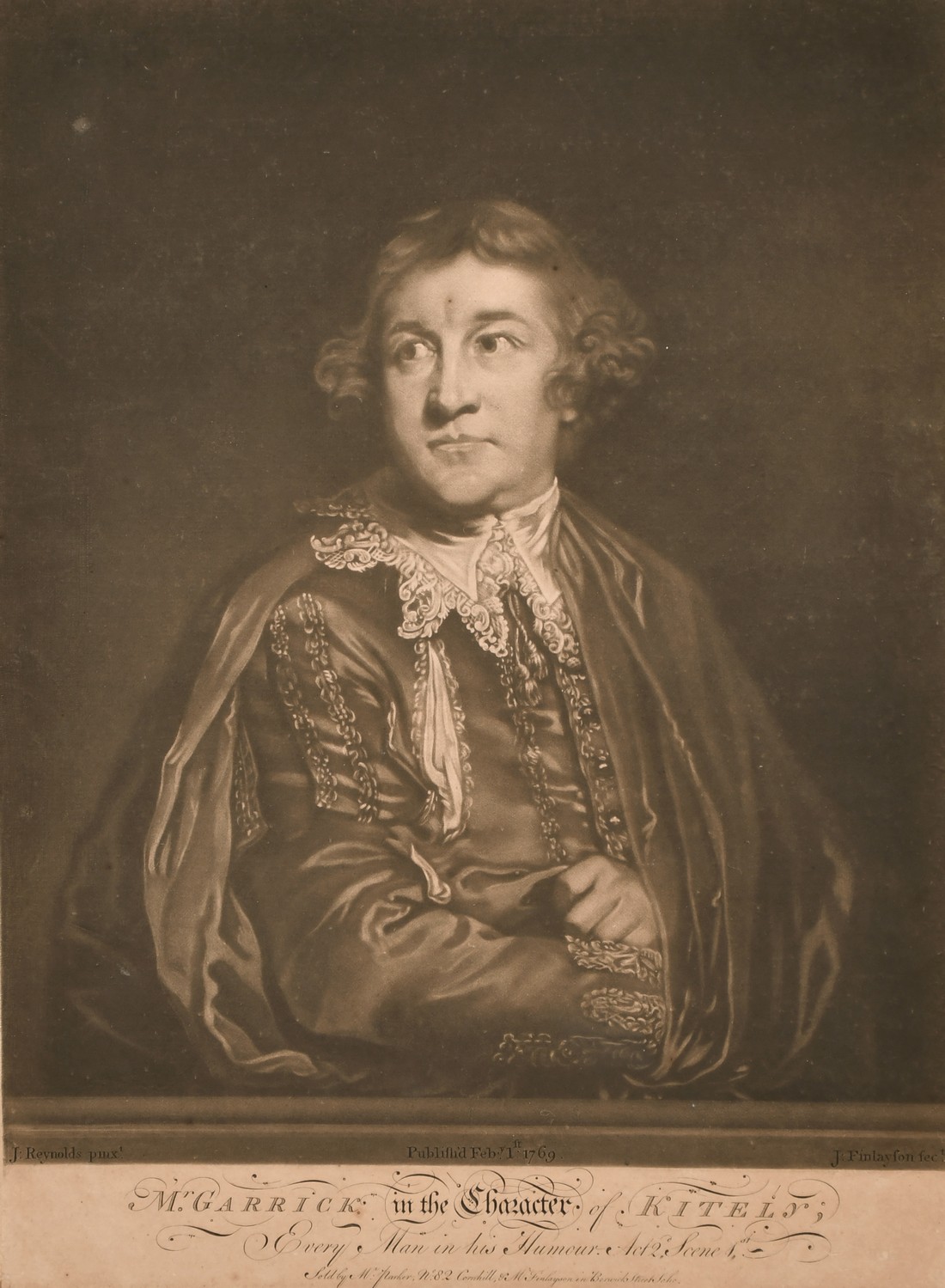 J Finlayson After Joshua Reynolds, 'Mr Garrick in the Character of Kitely', mezzotint, 15" x 10.75".