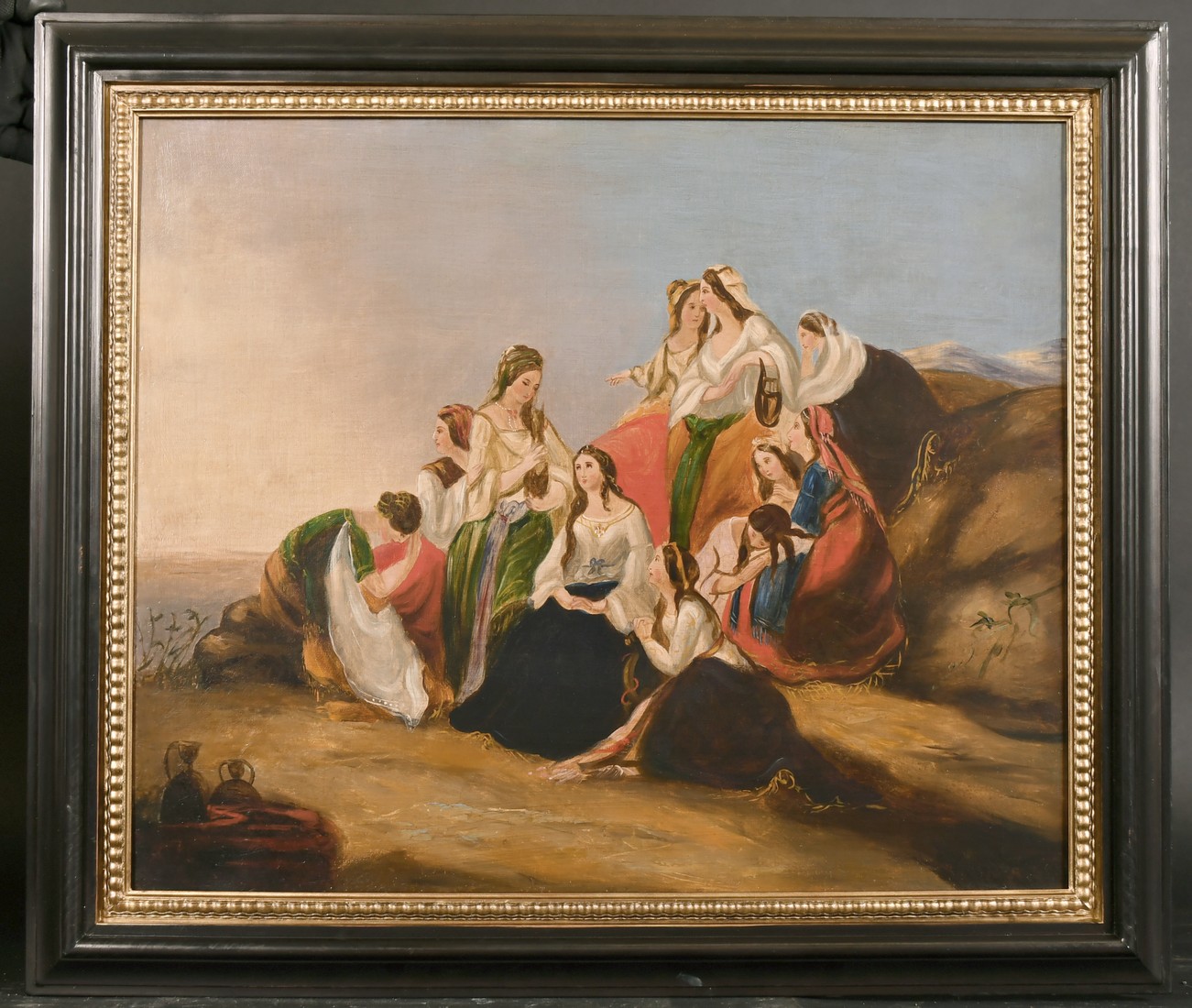 Late 19th century, A scene of female figures gathered on a rocky hillside, oil on canvas, 20" x - Image 2 of 3