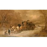 19th century English school, Figures resting by a timber wagon, oil on canvas, indistinctly