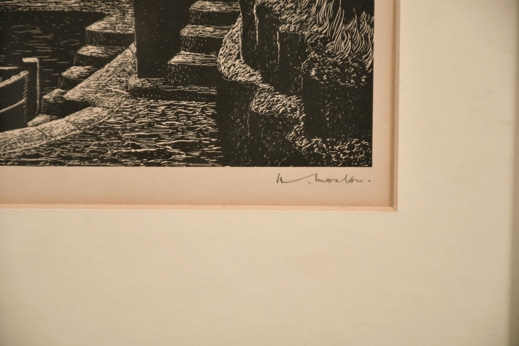 20th century, A woodblock print of a harbour scene, signed 'Morton' in pencil and inscribed 'Pol - Image 3 of 4