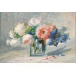 20th century, A still life of mixed flowers in a glass vase, oil on canvas laid down, indistinctly