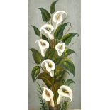20th century, A still life of peace lilies, oil on canvas, indistinctly signed, 24" x 12".