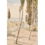 Follower of Edward Lear, A landscape of a Cyprian town on the horizon with trees in the