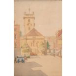 C Roberts (c. 1934) A View of a market square with motor cars, watercolour, signed and dated '1934'.