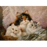 Edith A. Penne, A study of three cats in a basket, oil on canvas, signed, 12" x 16".