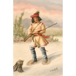After Krieghoff, A native American Indian in the snow, oil on canvas, 15.5" x 10".