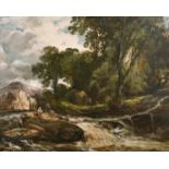 James B. Dalziel (act. 1848-1908) figures on a rock by a mountain torrent, oil on canvas, signed,