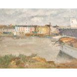 K. Osborne, Boats moored along the Thames with colourful buildings beyond, oil on board, signed, 16"