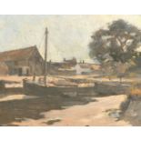 20th century school, A boat moored on a river with buildings beyond, oil on panel, 12.75" x 16".