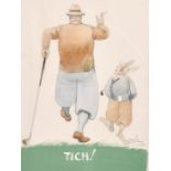 John Gilroy (1898-1985) 'Titch' A scene of a golfer and an anthropomorphic figure, signed and