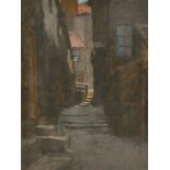 Circle of Cecil Aldin, A dark alleyway (possibly Canterbury), pastel, (unframed).