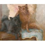 Early 20th century, A Portrait of two dogs sat amongst floral cushions, oil on canvas, signed '