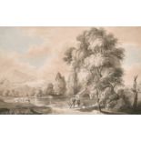 19th century, Figures and cattle by a watermill in an extensive landscape, watercolour, 10.5" x
