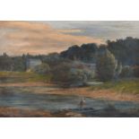 A 19th century British school, A figure on a punt at dusk, oil on canvas, 13" x 19".