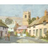 Jack Cross 20th century, figures on a village street with a church tower and hill, oil on board,