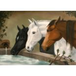 After Herring, 'Horses Watering at the Trough', oil on board, signed, 21" x 30".
