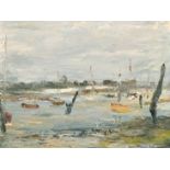 Ronald Ossory Dunlop (1894-1973) British, Moored sailboats in an estuary possibly Dell Quay, oil