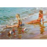 Yuri Krotov (b.1964) Russian, 'Young Sunbathers', signed oil on canvas 15" x 21.5", 38 x 55cm.