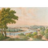 A 19th century hand coloured print of the city of Rouen 'Vue De Rouen.', 19.5" x 28", in a verre