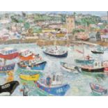 Linda Mary Weir (b.1951) A View of boats in the harbour at St. Ives, oil on canvas, signed, 16" x