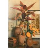 Frank Potter, A still life of flowers and mixed objects, oil on canvas, signed, 30" x 20".