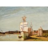 L. Bracewell (c. 1935) A sailboat drying its sails with a town beyond, oil on board, signed and