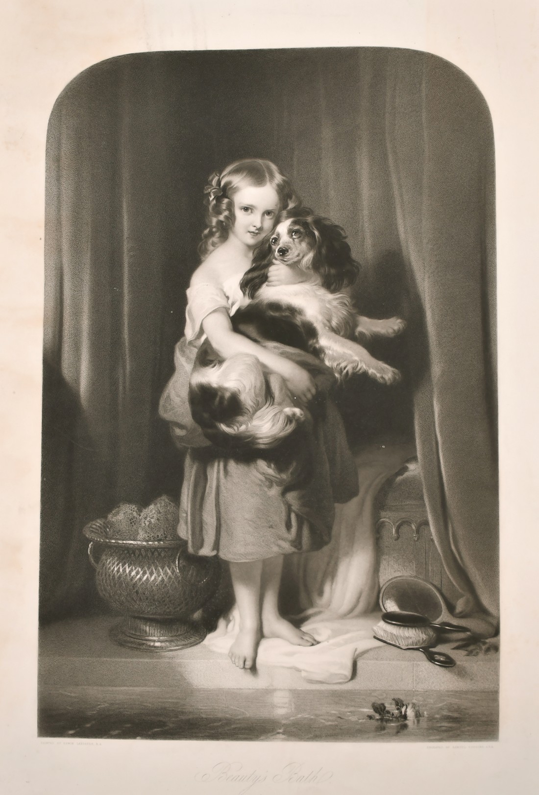 Samuel Cousins after Landseer, 'Beauty's Bath', a young girl holding a spaniel, mixed method