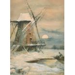 M.C. Hodges (circa. 1881) A scene of a boatsman approaching a windmill under moonlight, watercolour,