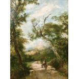 Attributed to E. J. Niemann (1812-1876) British, wayfarers on a country path with castle ruins