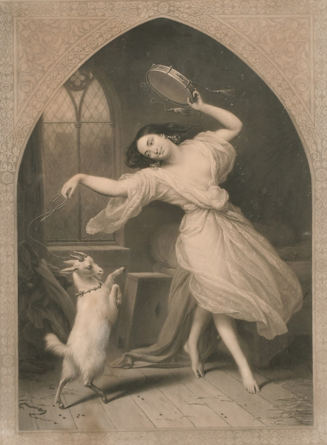 A 19th century mezzotint of a maiden with a dancing goat, 23" x 18".