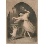 A 19th century mezzotint of a maiden with a dancing goat, 23" x 18".