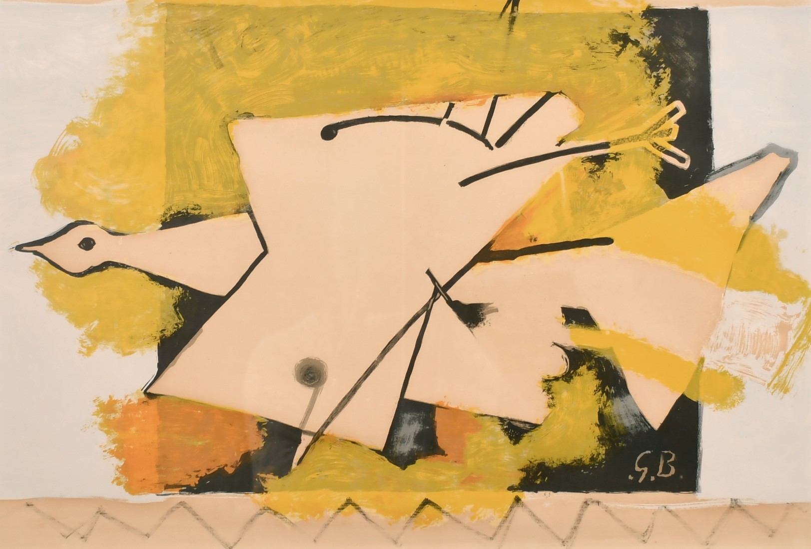 After George Braque, A bird on a yellow background, double page lithograph, 11" x 21.5".