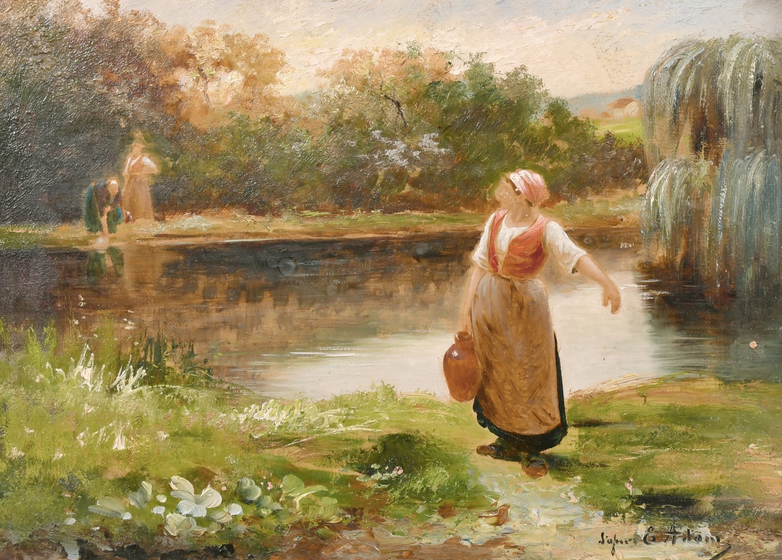 Late 19th century French school, Washerwoman collecting water, oil on canvas, indistinctly signed '