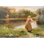 Late 19th century French school, Washerwoman collecting water, oil on canvas, indistinctly signed '