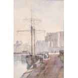 20th century, Figures conversing by a boat moored at a quay, watercolour, signed 'Beatrice