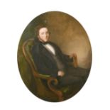 19th century, A portrait of seated gentleman holding a book, oil on canvas, 24" x 20", (oval).