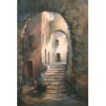 Margarette Clairmont 20th century, mother and child walking in a walled city, pastel, signed, 16"