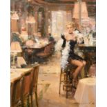 Konstantin Razumov (b. 1974) An elegant lady waiting at a bar, oil on canvas, signed, signed and