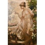 20th century, A full length study of a scantily clad maiden holding a butterfly, oil on canvas,