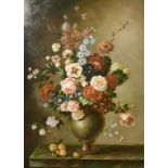 20th century, A still life of mixed flowers on a marble shelf, oil on canvas, indistinctly signed,