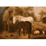 Circle of J. F. Herring jr., Horses ducks and pigs in a farmyard setting, oil on canvas, 19.5" x