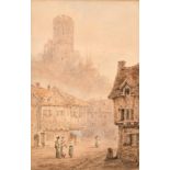 Early 19th century English school, A continental town scene with figures in a market square,