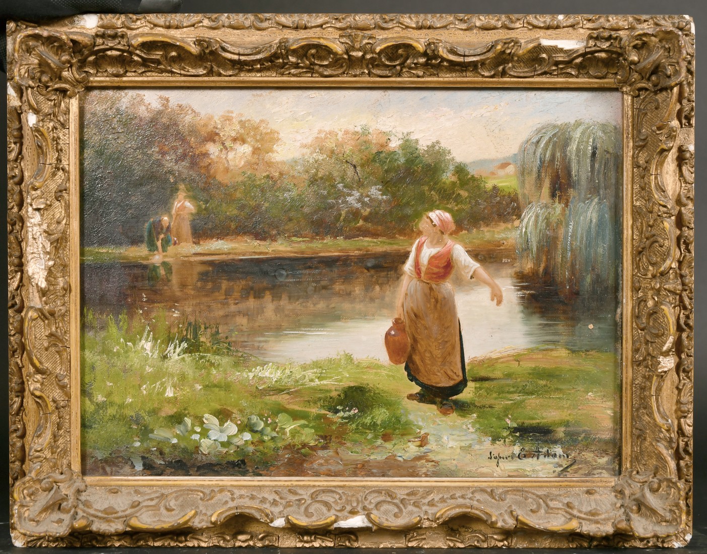 Late 19th century French school, Washerwoman collecting water, oil on canvas, indistinctly signed ' - Image 2 of 4