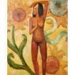 S. Judge (20th century) A Nude female figure amongst sunflowers, oil on canvas, signed, 24" x 20".