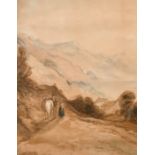 English school circa 1819, Figures and a horse resting by a mountain lake, watercolour, signed