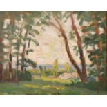 John Brown 20th century, A landscape through trees, oil on panel, signed with initials, 8" x 10".